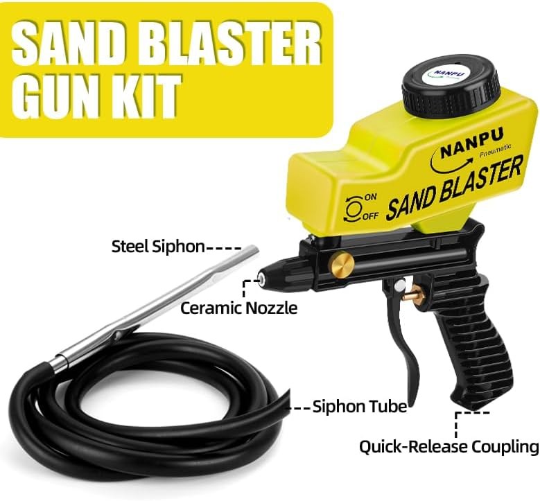 Light-Duty Air Sandblaster Gun Kit with Siphon & Gravity Feed, Ceramic Nozzle, M