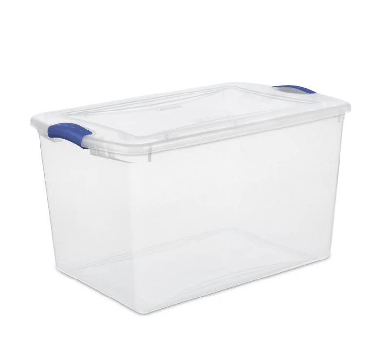 66QT Large Latching Storage Bin, Clear Plastic Container with Blue Lid