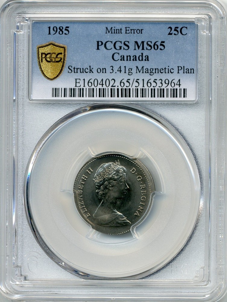 1985 Canada 25 Cent MINT ERROR, Struck on 3.41g Foreign Planchet - PCGS MS 65