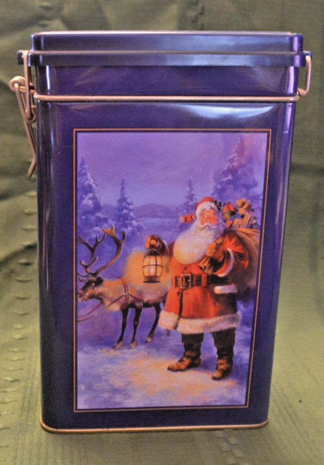 Christmas Rectangular Tin Wire Bail Lid Santa w/Reindeer, Bag, Lantern
