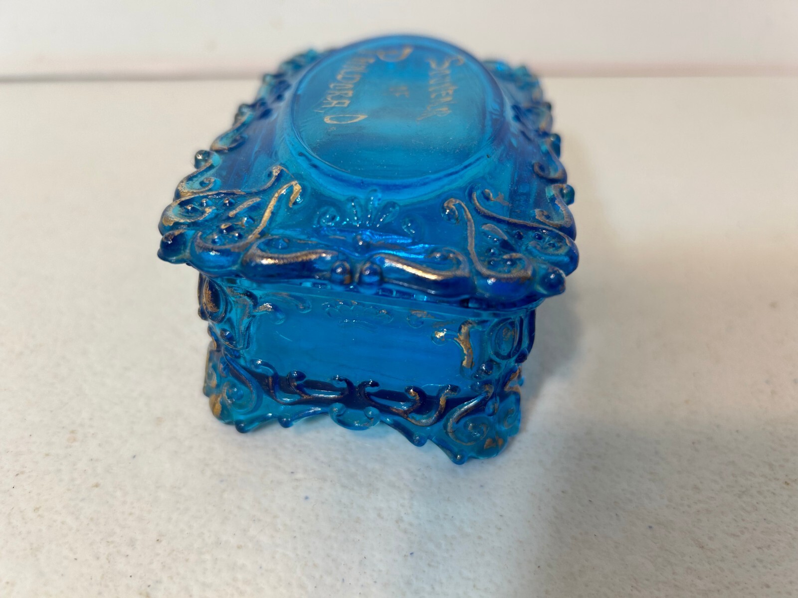 Vintage Blue Glass Trinket Box Souvenir Pandora Ohio