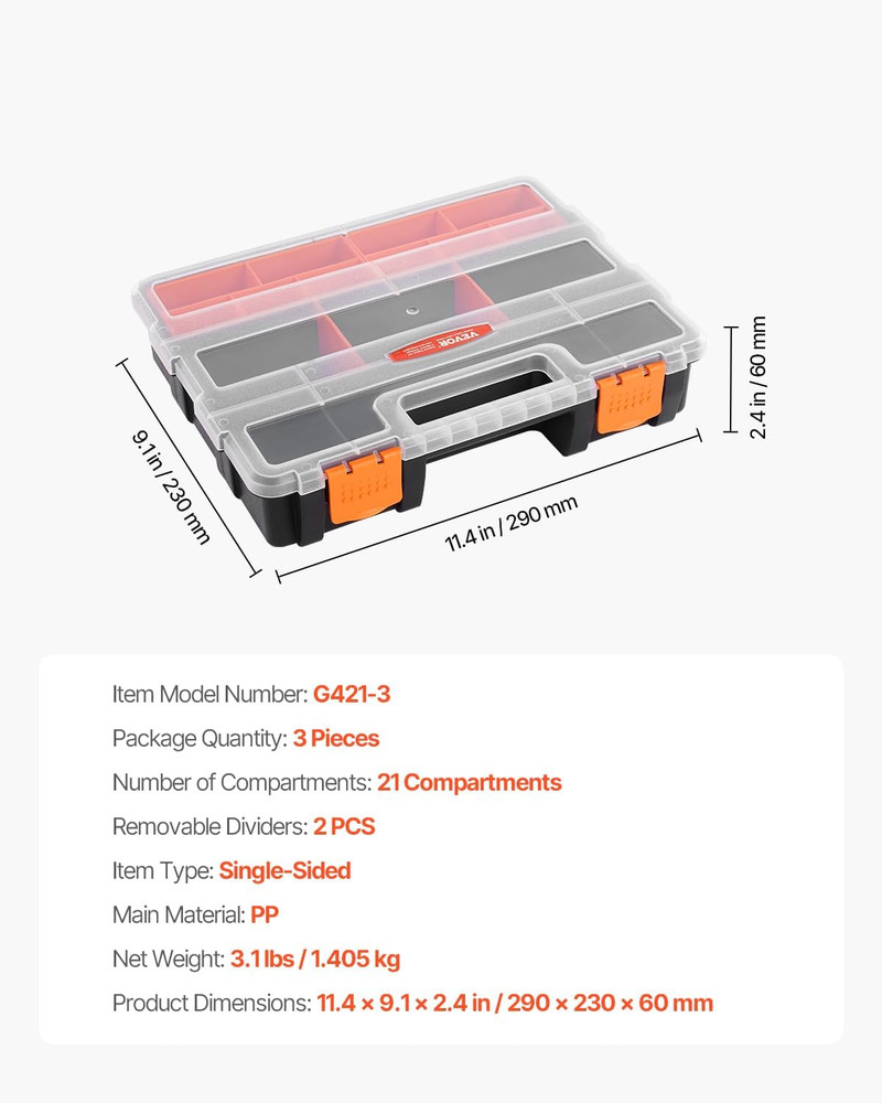3-Pack Small Parts Organizer, 21 Compartments Tools Organizer Box with Removable