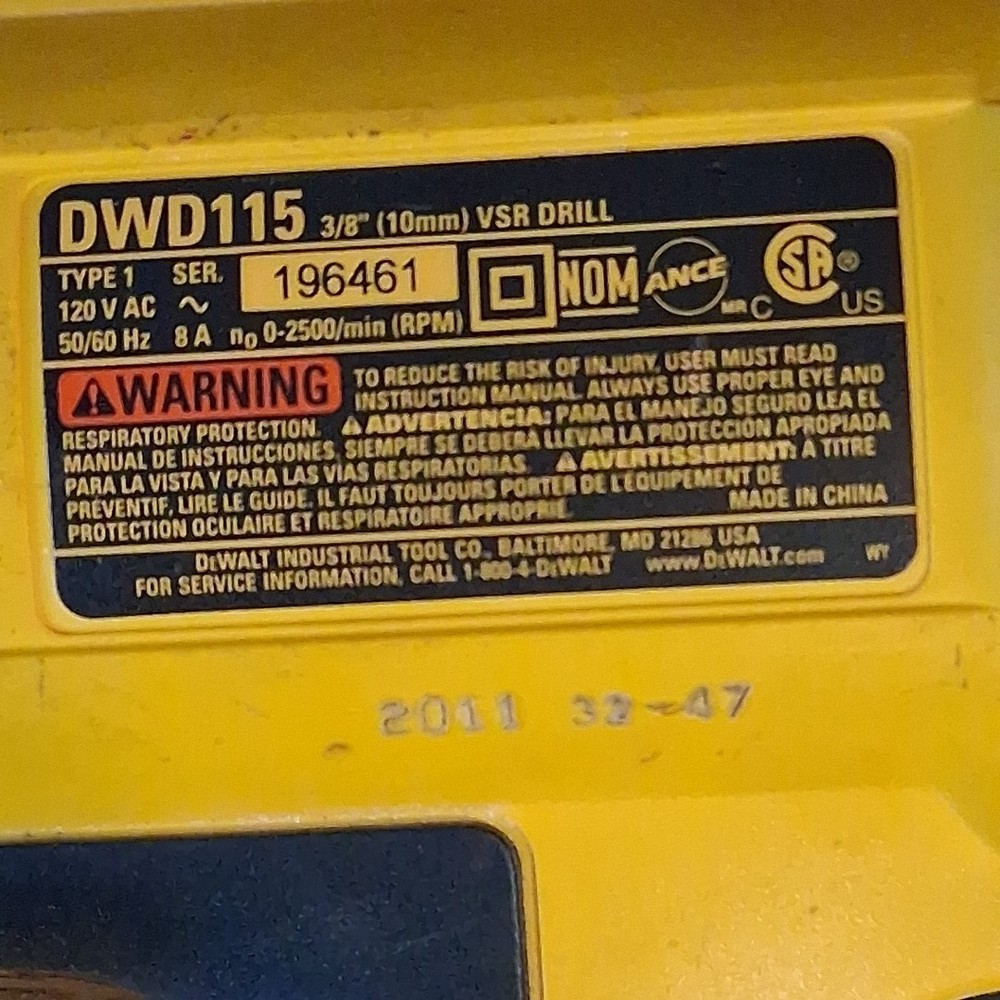 DeWalt DWD115K 3/8" Corded Variable Speed Drill 8 Amp Mid-handle w/Case Keyless