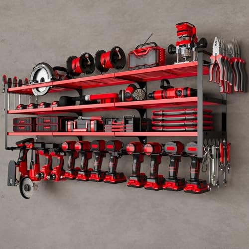 Large Power Tools Organizer Wall Mount,12 Drill Holder for Garage, Workshop Red