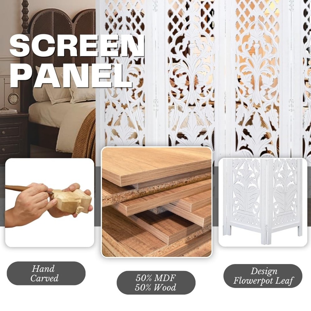 Room Divider Wood Screen Panel – White, 4-Panel Folding 64"x54", Hand-Carved,...