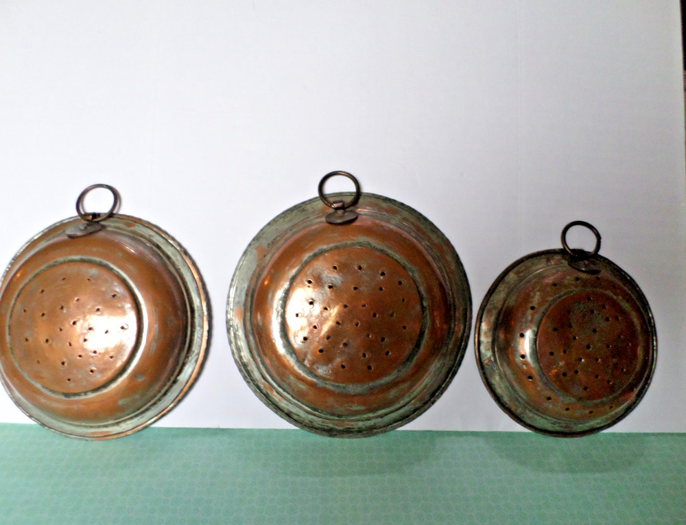 Set of 3 Strainers Colander Copper Wall Hanging with Loop Very Rustic