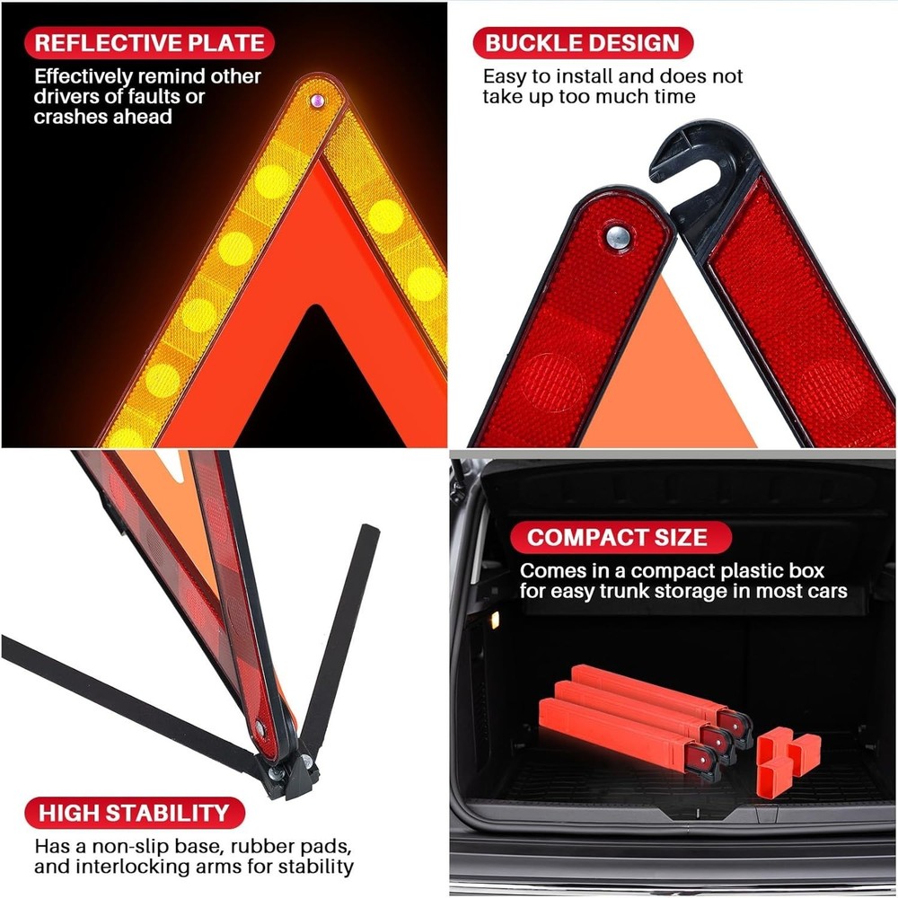 3 Pack Reflective Warning Triangles, Foldable Roadside Emergency Safety Kit