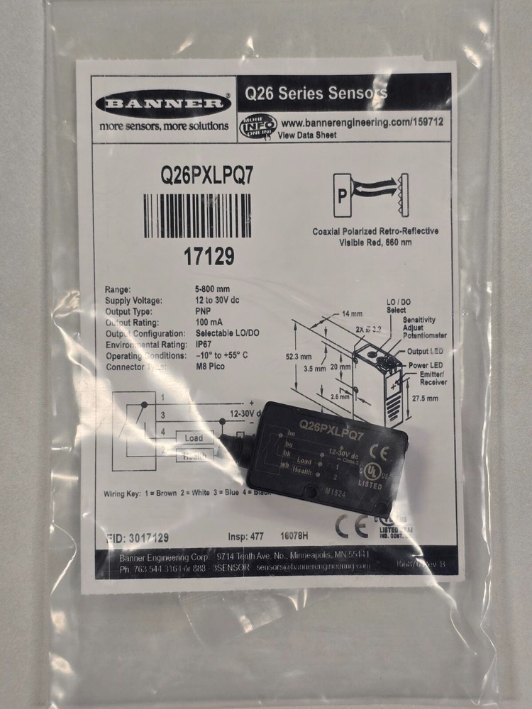 BANNER Q26PXLPQ7 Q26 Series Object Sensor