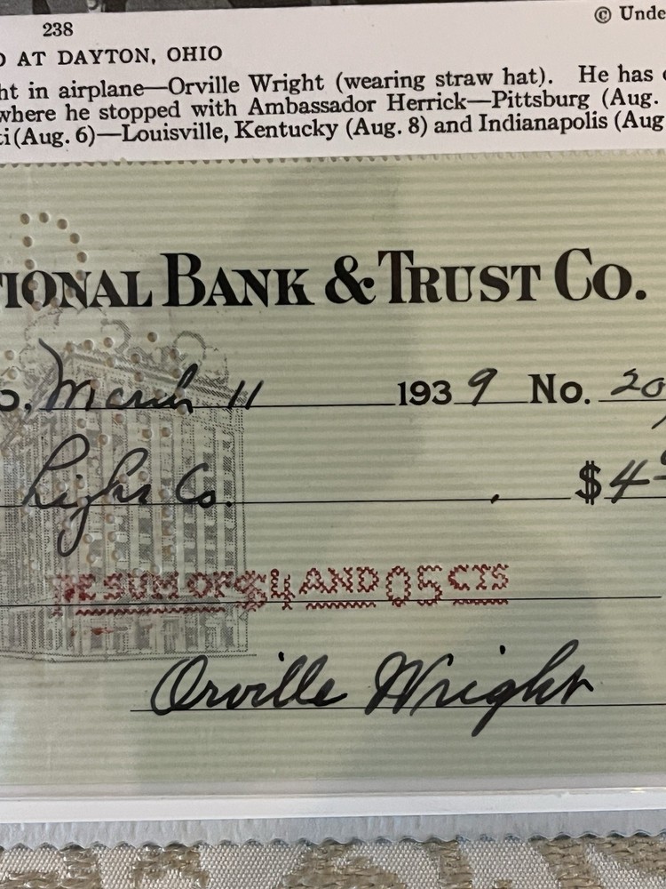 Aviation History: Orville Wright, Kitty Hawk, Signed 1939 Check with COA.