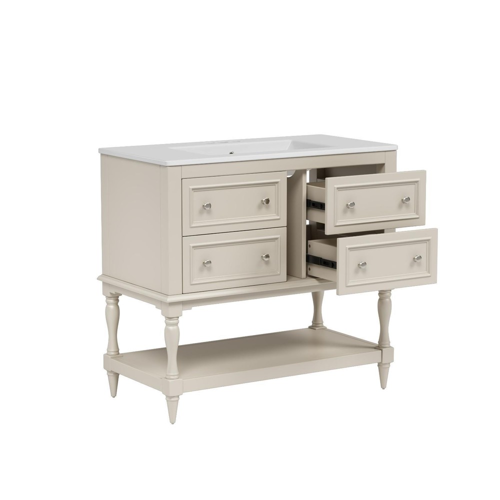 36'' Beige Bathroom Vanity Cabinet Set with Ceramic Sink, Solid Wood Frame,