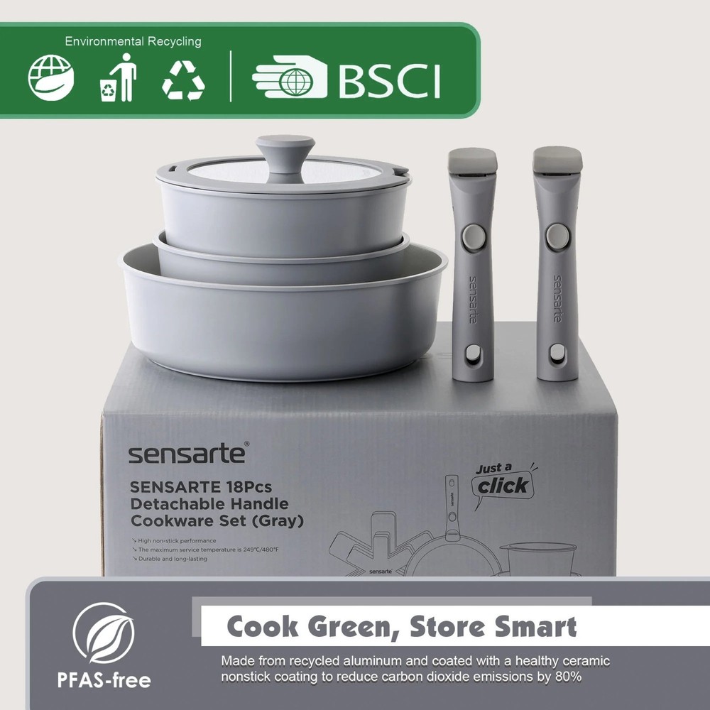 Cookware Set 18Pcs Ceramic Nonstick Detachable Handle Induction Gray