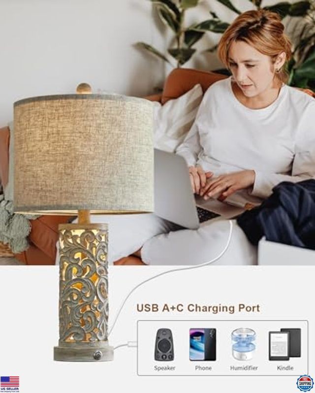 OYEARS 22'' 3-Way Dimmable USB A+C Touch Control Table Lamp with Nightlight,