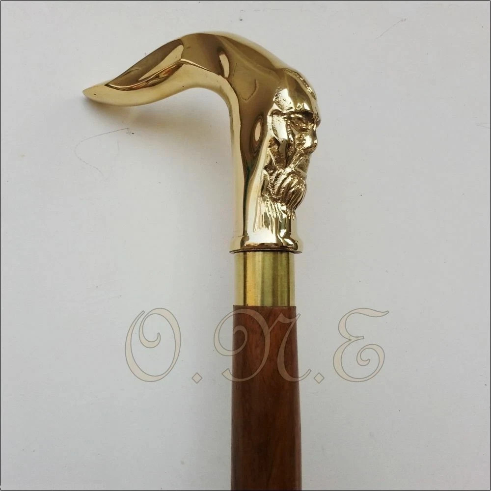 Victorian Face Handle Walking Stick Cane Solid Brass Handle Wooden Stick Style
