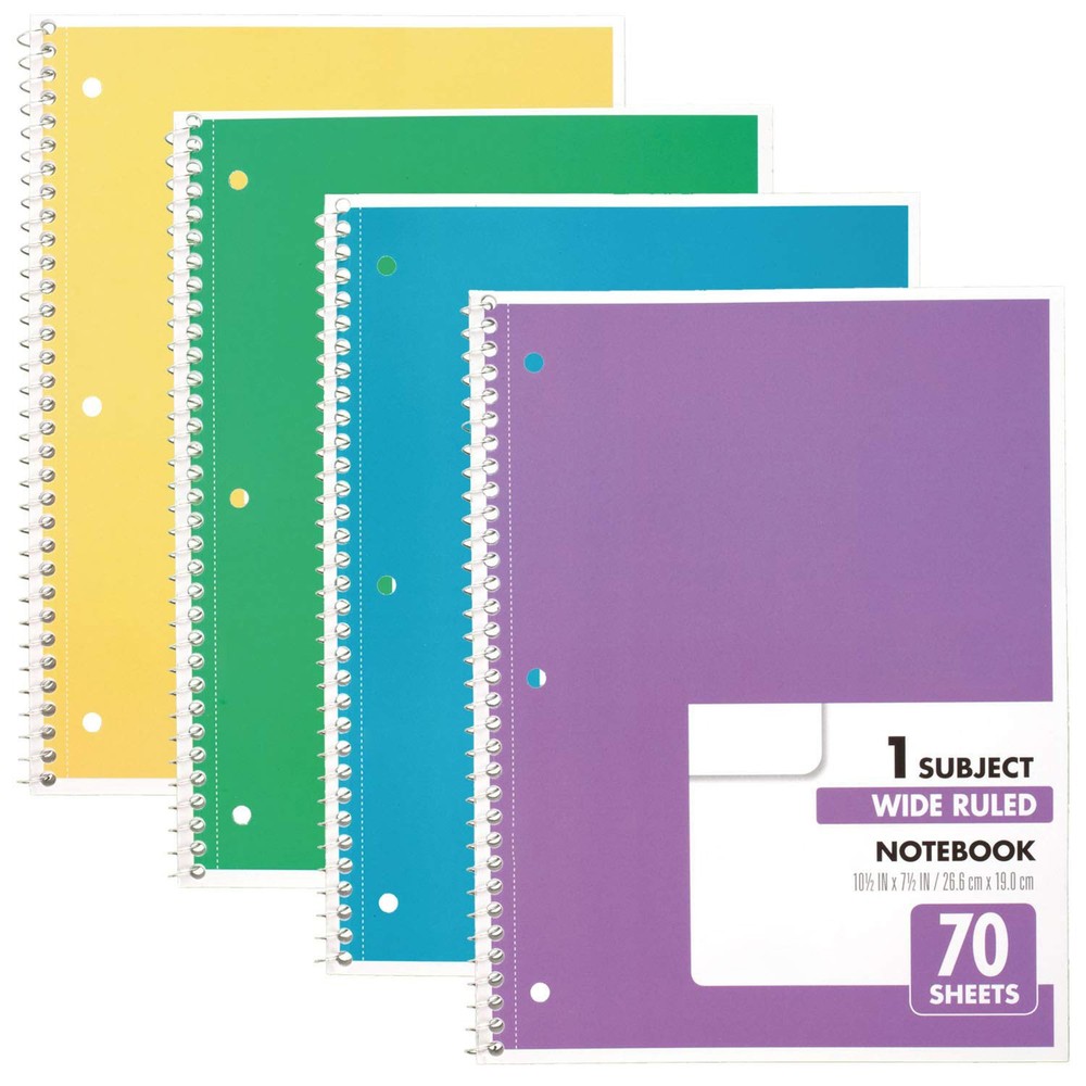 Spiral Notebook 4 Pack, Wide Ruled 70 Sheets, Multicolor