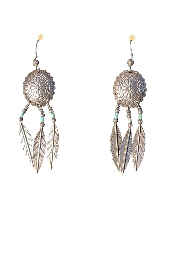 Vintage Sterling Silver Feather Dangle Earrings Turquoise Accent Marked