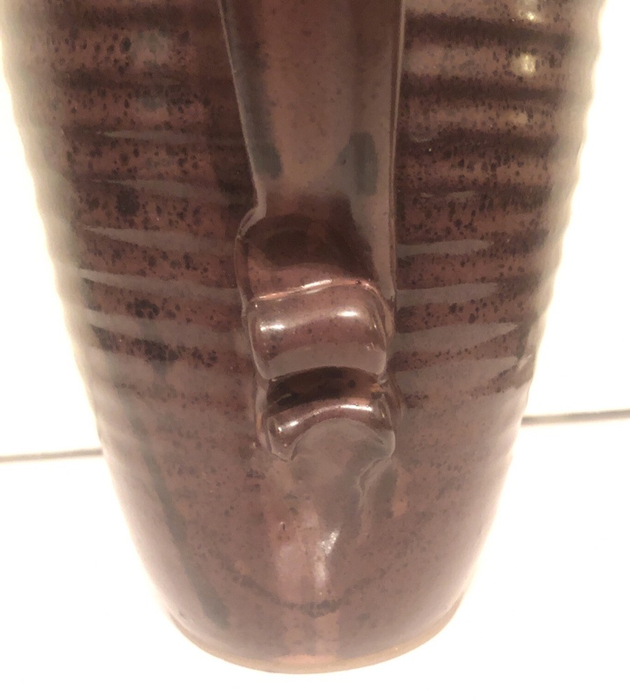Art Pottery Ceramic Pitcher Rustic Drip Glaze Ribbed Pattern Scroll Handle 11.5”