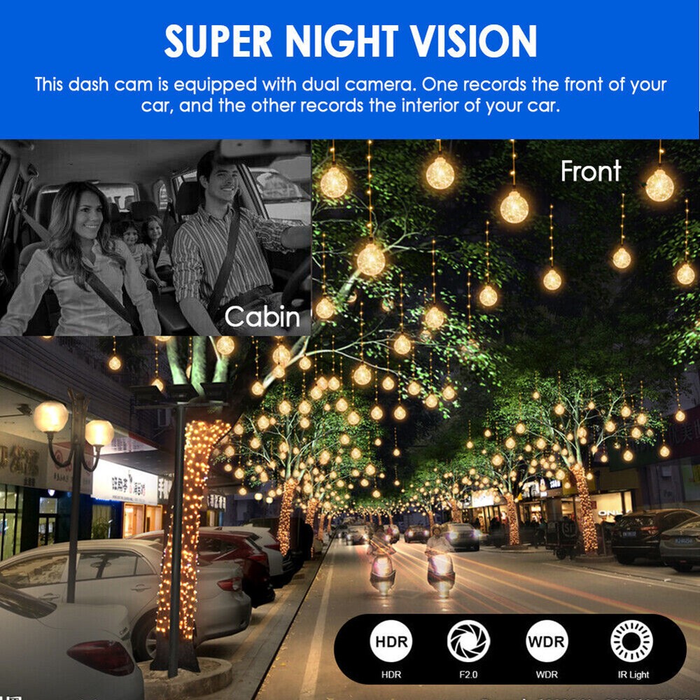 Dash Cam 3.16in Car DVR Dual Lens Front Inside Camera Driving Recorder G-sensor
