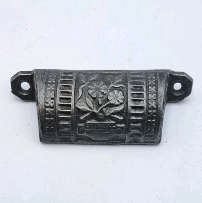 Antique Bin Pull of Flowers Drawer Pull Old Vintage Cast Iron Handle Hardware