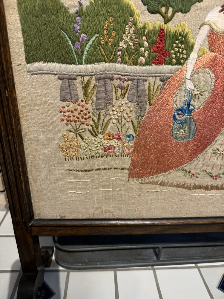 Needlepoint Fireplace Wood Frame Screen, Victorian Theme.