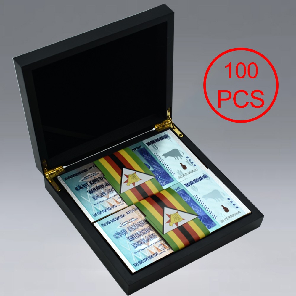 100PCS/box Zimbabwe 100Trillion Silver Foil Banknotes with Fluorescent Effect