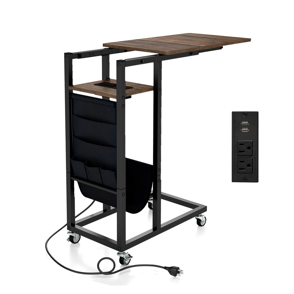 C-shaped End Table with Charging Station Rolling Bedside Table Couch Side Table