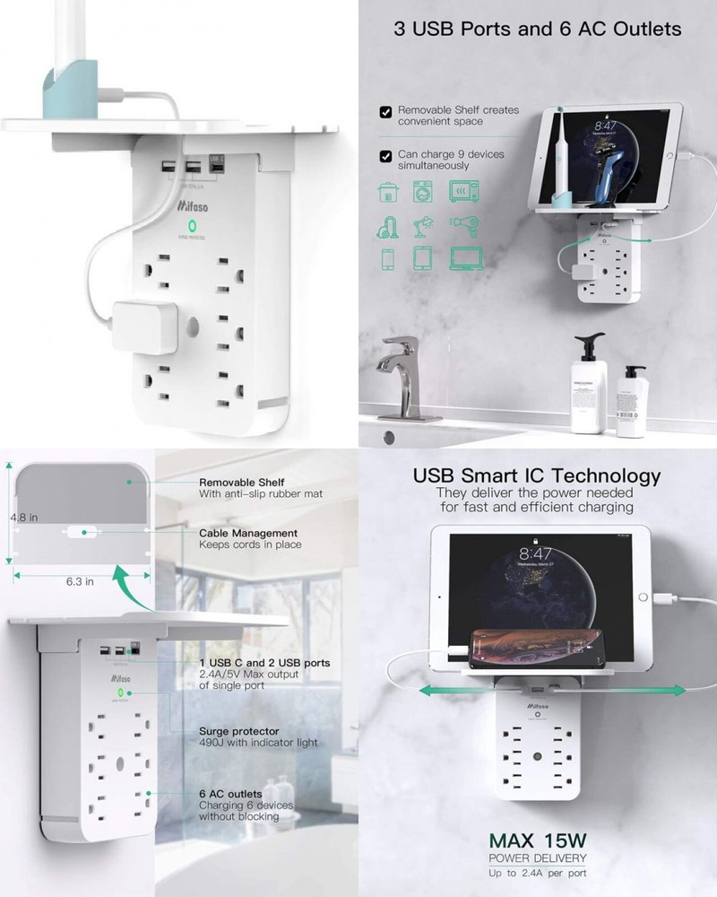 Wall Outlet Extender - Surge Protector 6 AC Outlets Multi Plug White