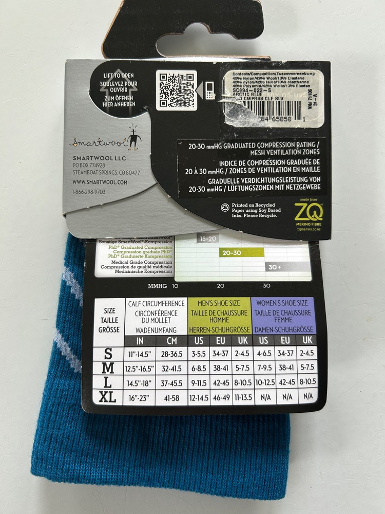 SMARTWOOL PHD Calf Compression Sleeve Small Merino Wool ARCTIC BLUE Unisex NWT