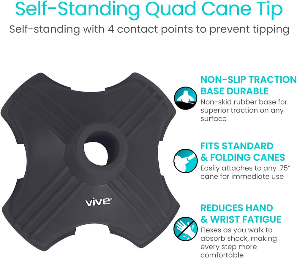 Vive Cane Tip - Self Standing Quad Base Replacement for Most Walking Canes, Walk
