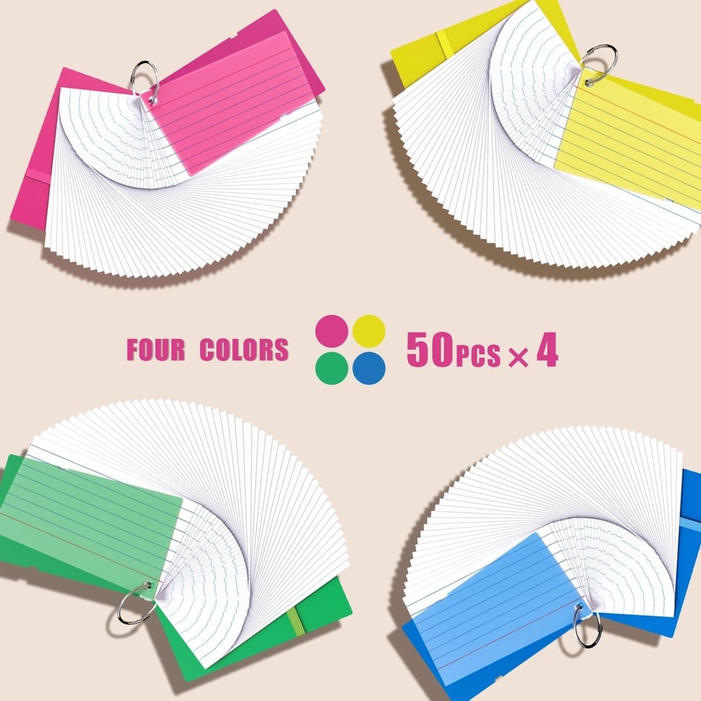 3x5 Flash Cards Set with 4 Color-Coded Rings for Easy Note Organization