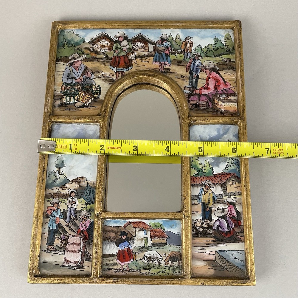 Vintage Peruvian Reverse Painted Wall Mirror Framed Hand Painted Folk Art