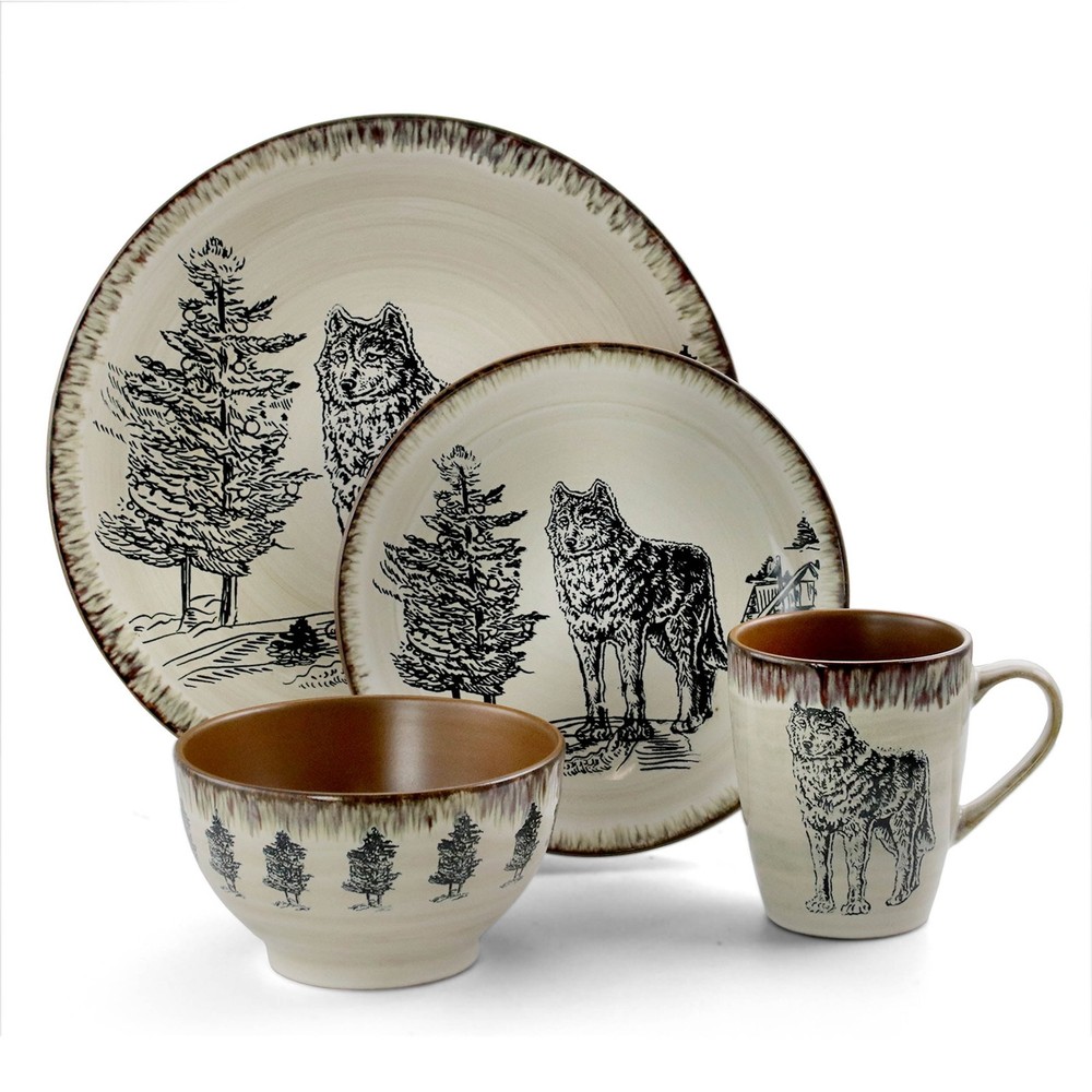Majestic Wolf Complete Dinnerware Set 16 Piece Luxurious Stoneware Dishes