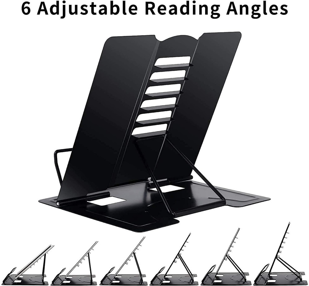 Soporte de libros de metal ajustable para leer libros de texto y documentos.