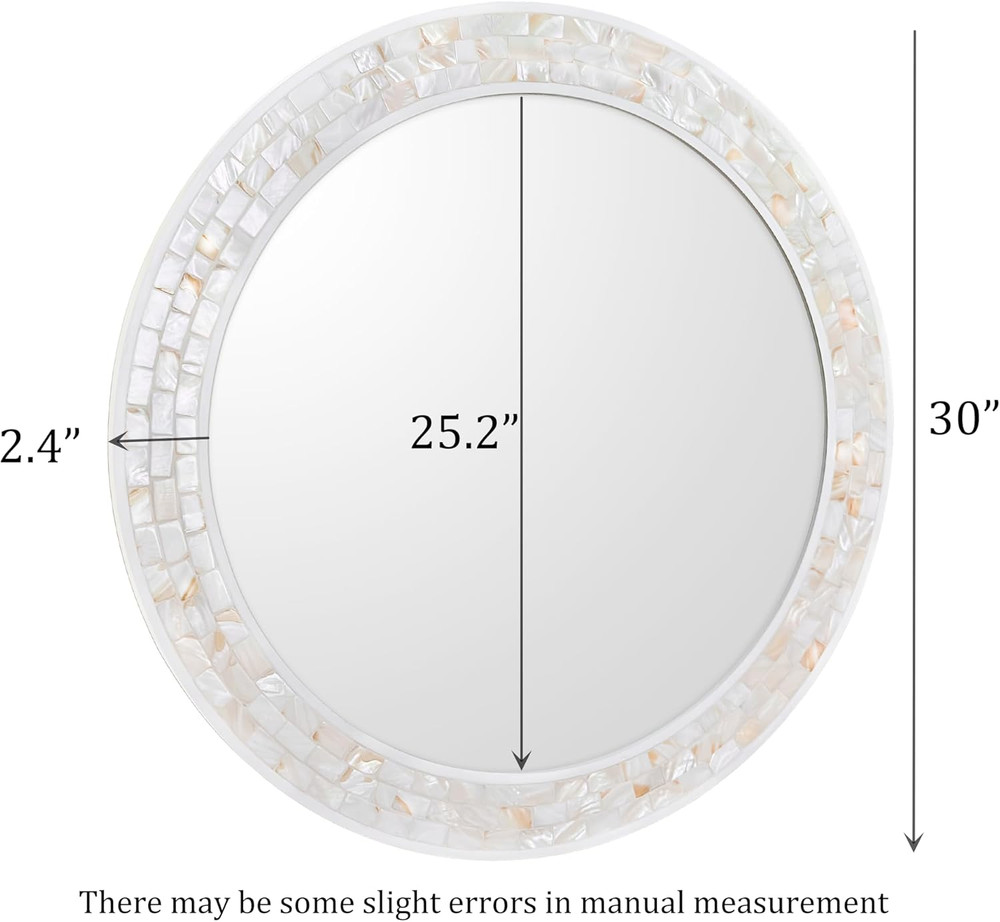 30" White Round Bathroom Mirror with Natural Shell Mosaic Frame