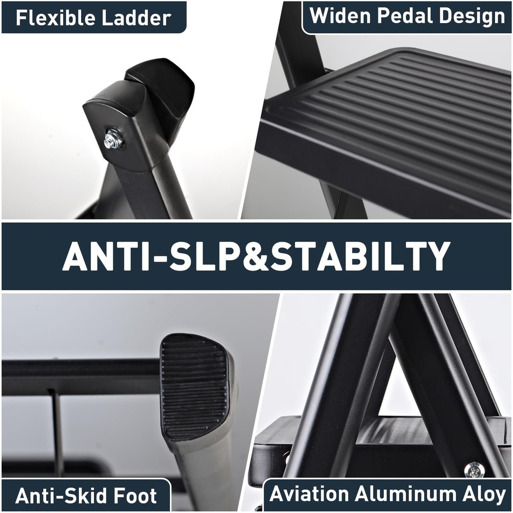 2-Step Ladder, Folding Step Stool for Kitchen/Closet/Garage, 2-Step, Black