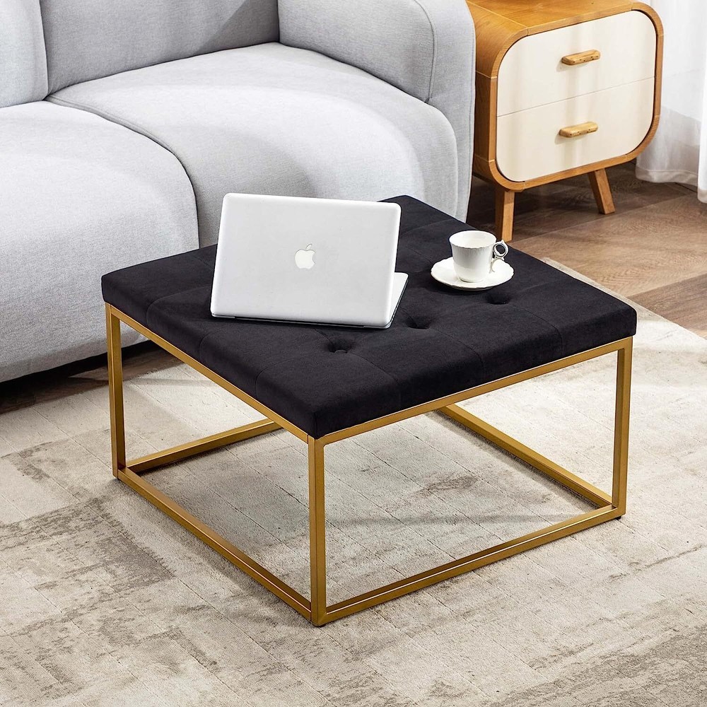Upholstered Square Ottoman Coffee Table, Modern Tufted Ottoman with Metal Base