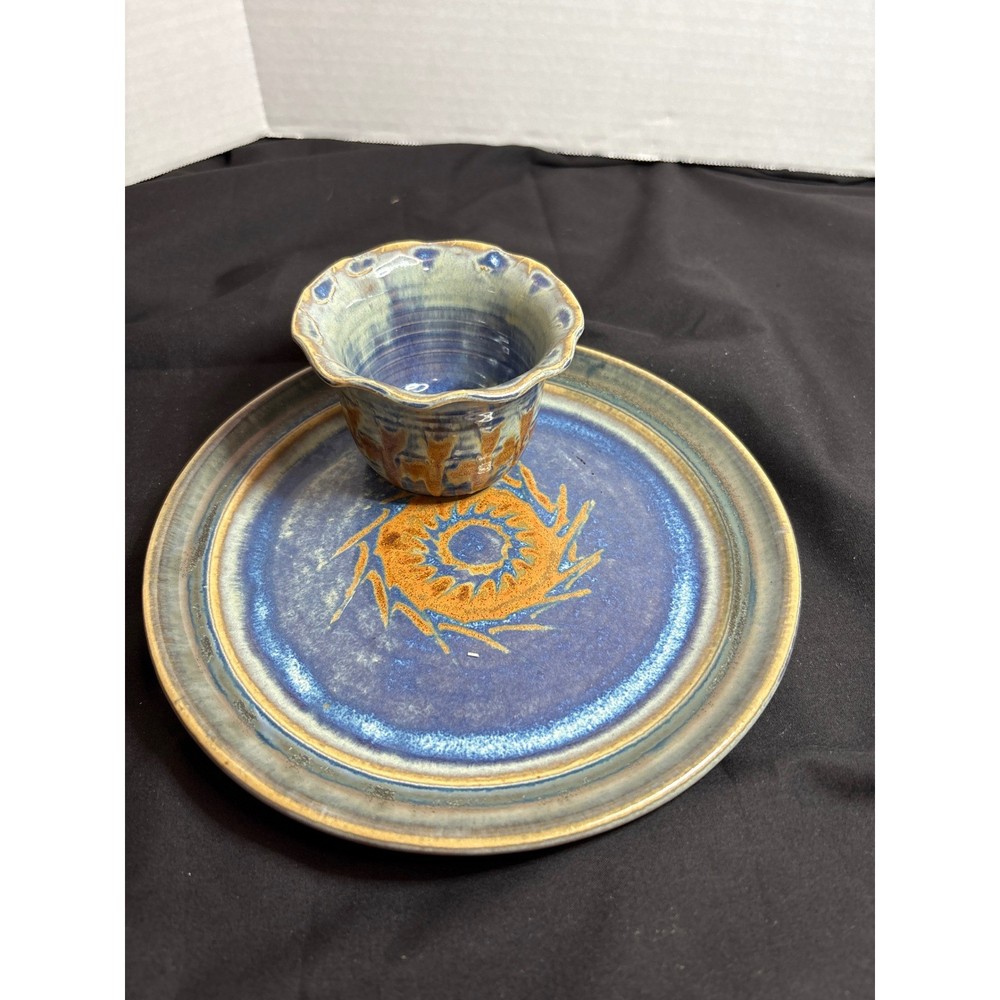 Handmade Studio Pottery Chip and Dip Serving Set Blue Orange Stoneware