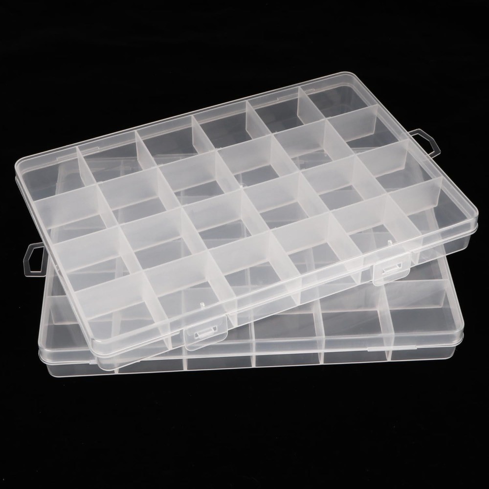 2PCS 24 Grids Clear Plastic Organizer Box with Fixed Compartments for Craft