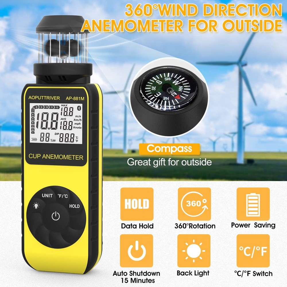 Wind Cup Anemometer with 360°Direction, Handheld Wind Speed Meter Temp℃/℉ Mea...