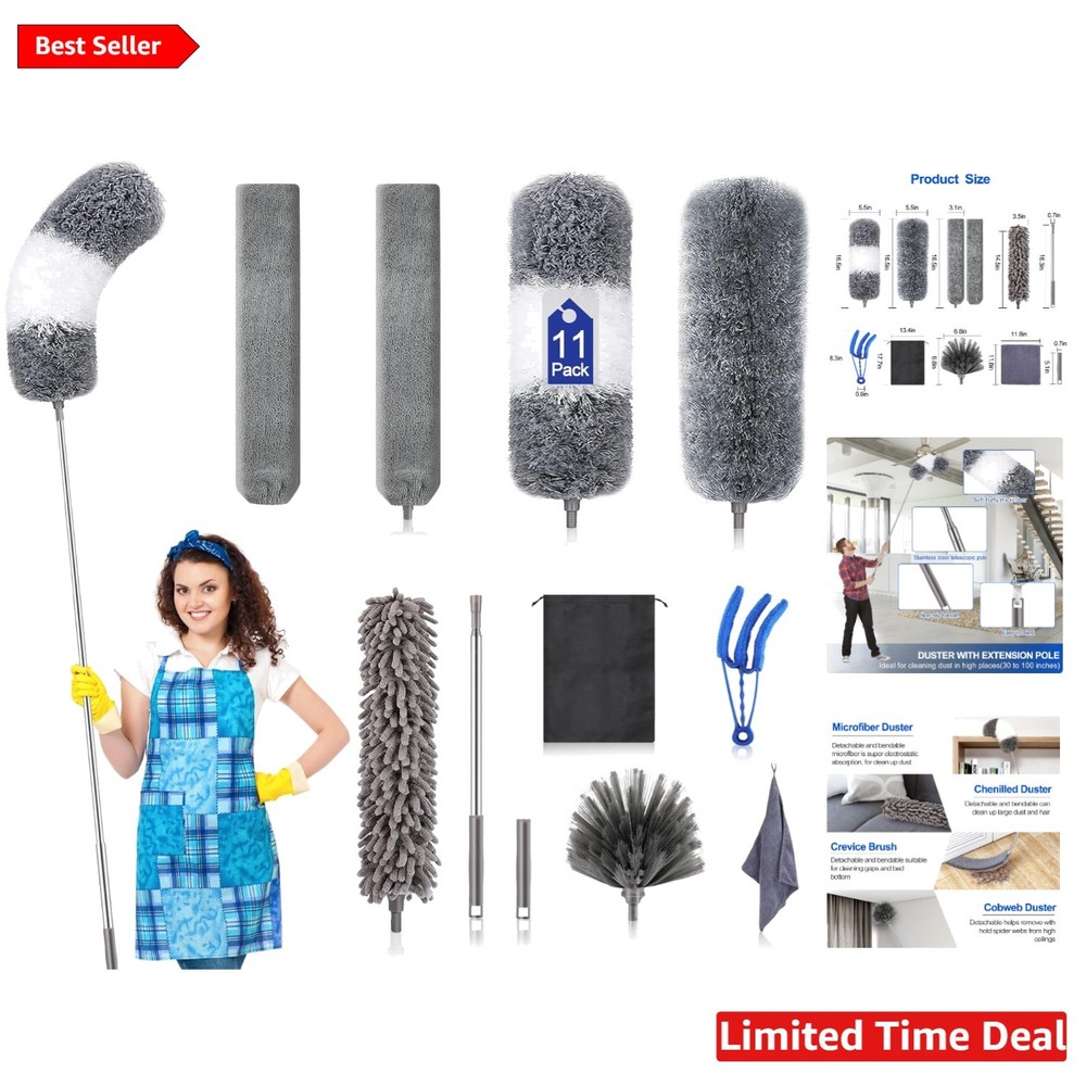 Complete 11PCS Microfiber Duster Kit with Extension Pole for Elegant Cleaning