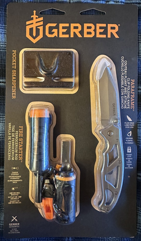 New Gerber Paraframe Folding Knife Combo Kit Fire Starter & Sharpener 31-004134