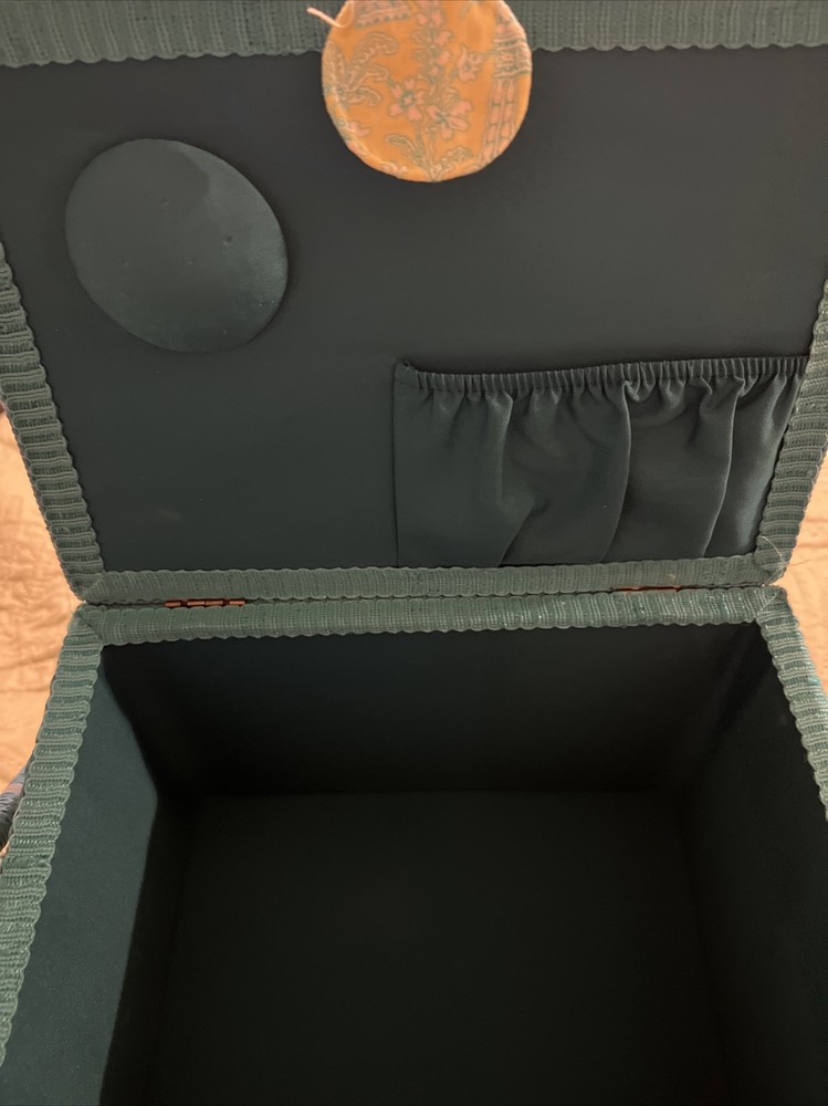 Fabric covered sewing basket with clear plastic tray and handle