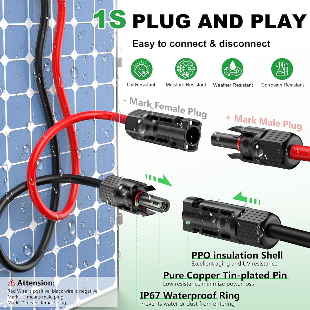 50ft Black + 50ft Red 10AWG Solar Panel Extension Cable Flexible Wire Connectors