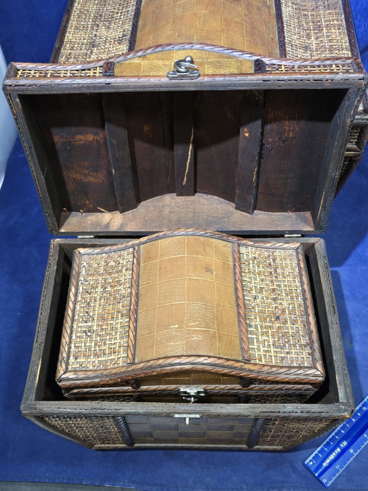 3 Beautiful Wooden Wicker Keepsake Chests, Large, Medium And Small, Stack