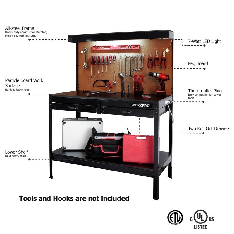 Multi-Purpose 48 Inch Workbench with Storage Light Pegboard Tool Organizer