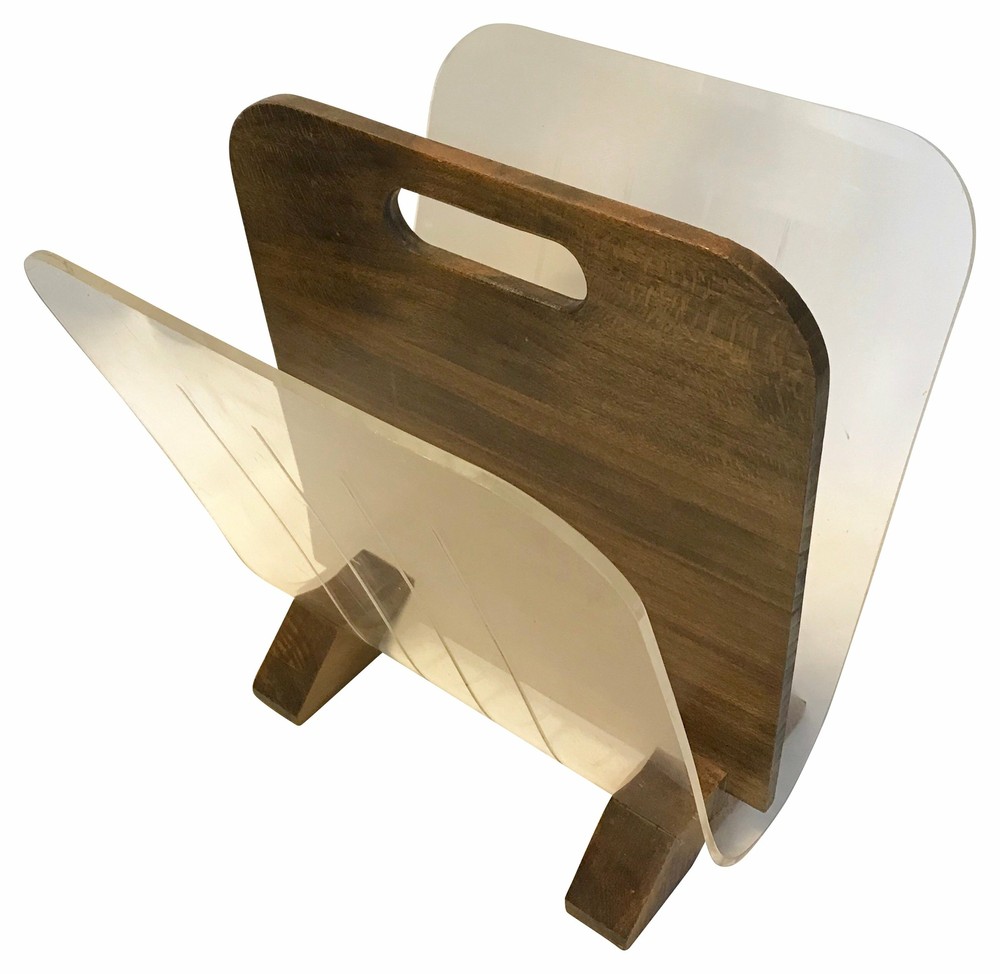 Modernist Walnut & Lucite Magazine Rack