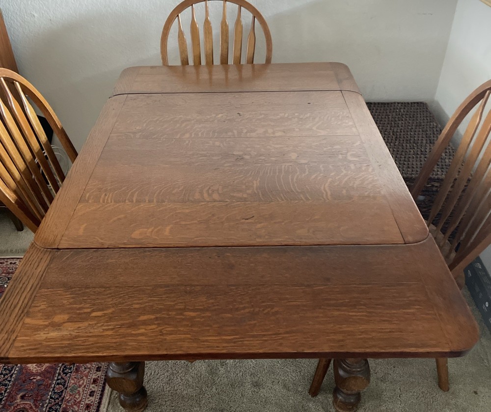 Vintage Solid Oak Dining Rectangle 59.25” Table. 4 Arrowback Chairs. Made Taiwan