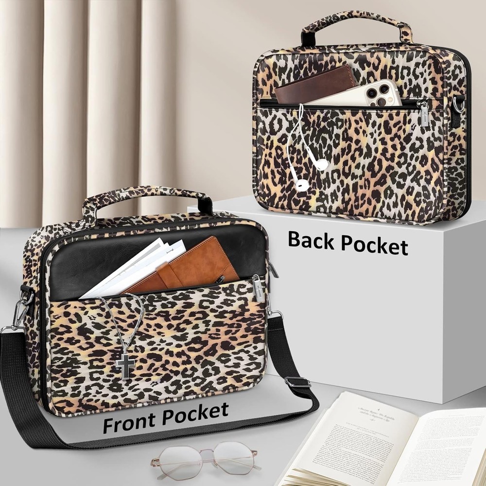 Leopard Large Bible Cover with Shoulder Strap & Organizer