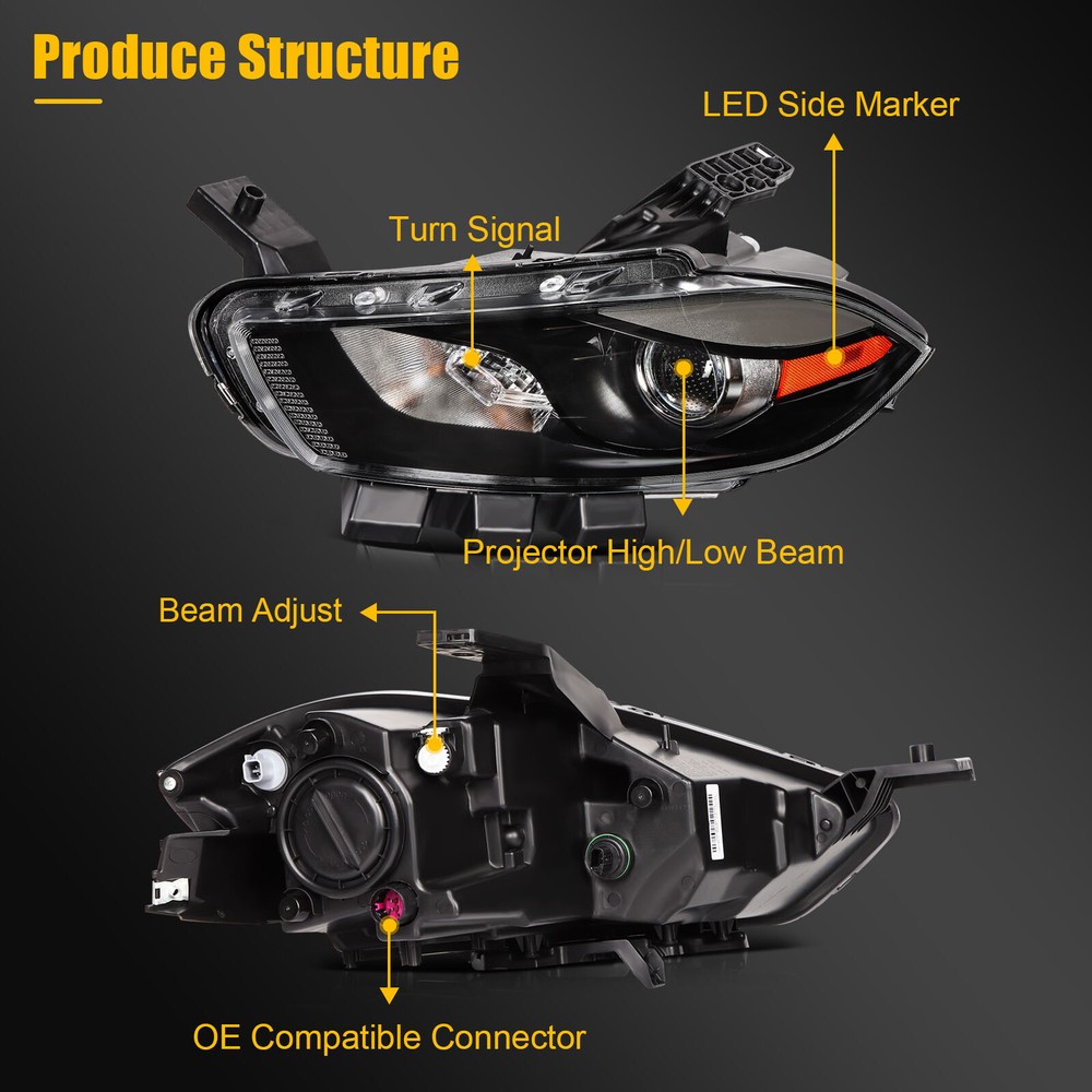 Headlight Assembly For 2013-2016 Dodge Dart Left+Right Headlight