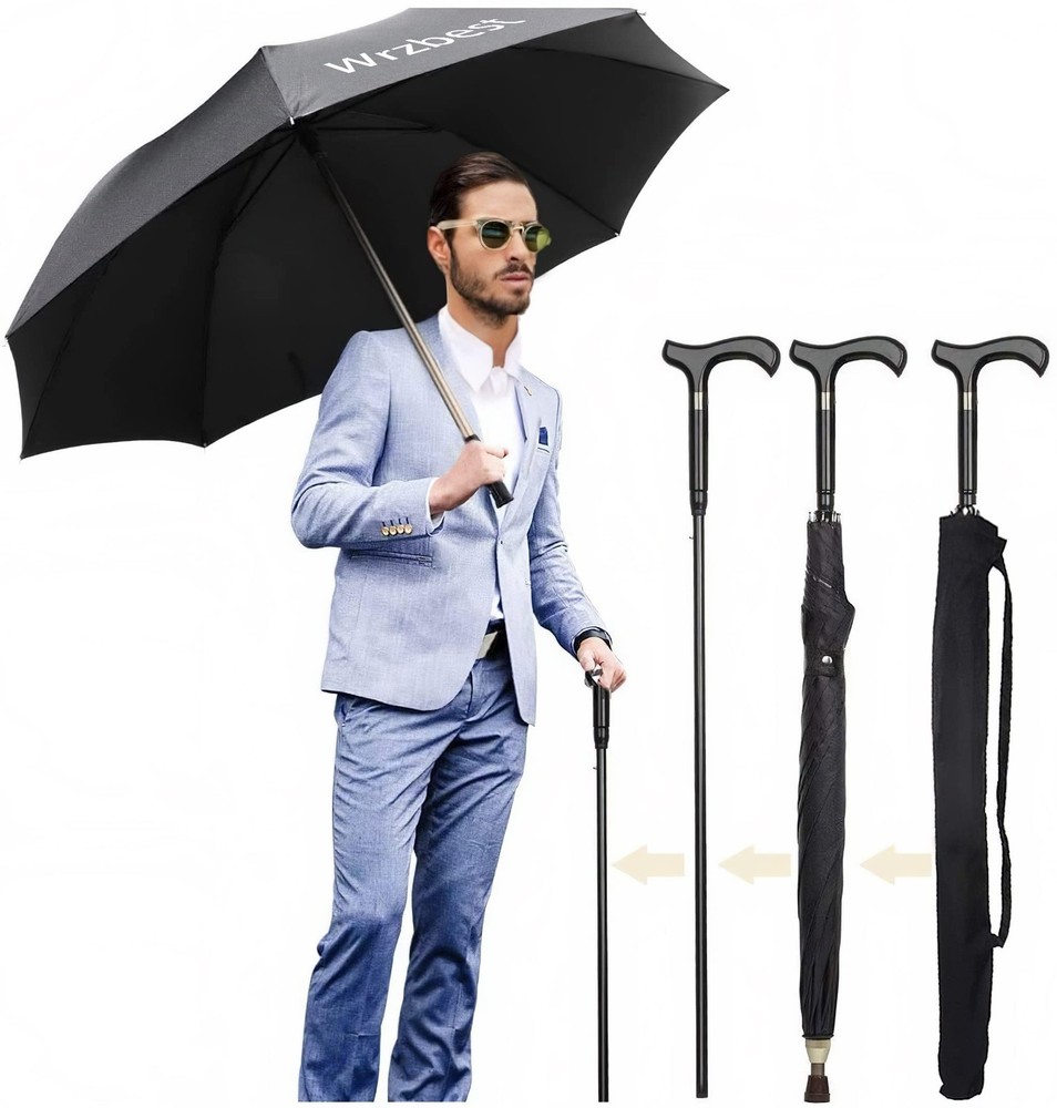 2-in-1 Walking Sticks Umbrella - Windbreak Ribs Cane Classic:black