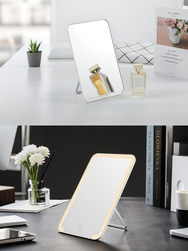 8x5-in White Lighted Travel Makeup Mirror, Foldable Stand, 3 Lighting Modes